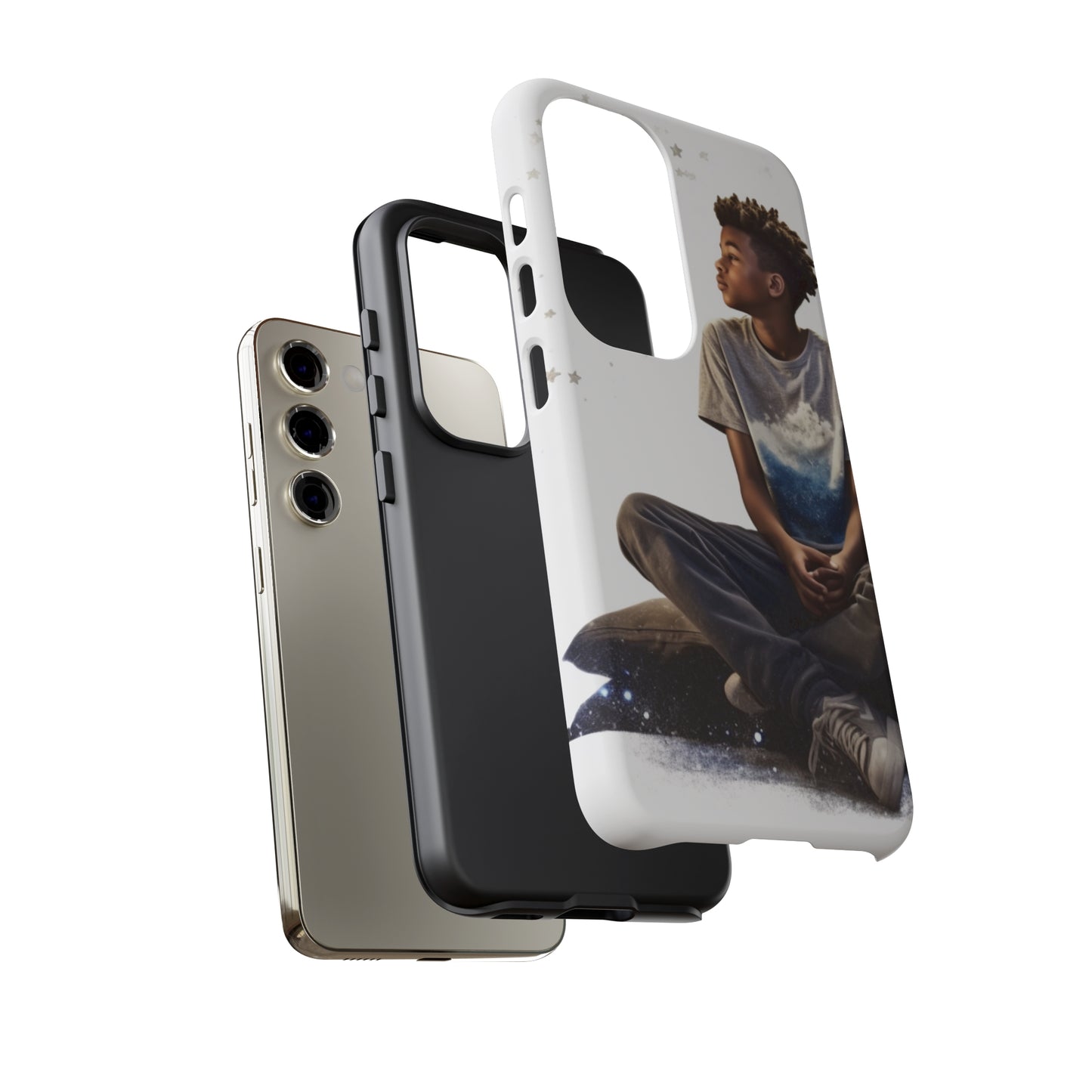 Resilience Inspiring Tough Phone Case - 10-Year-Old Black Boy Gazing at Stars Design