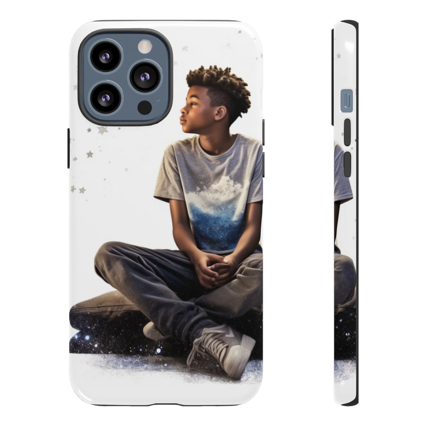 Resilience Inspiring Tough Phone Case - 10-Year-Old Black Boy Gazing at Stars Design