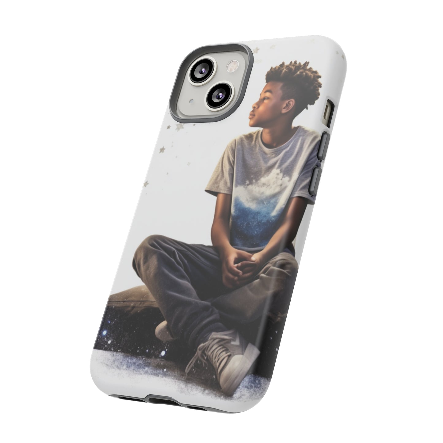 Resilience Inspiring Tough Phone Case - 10-Year-Old Black Boy Gazing at Stars Design