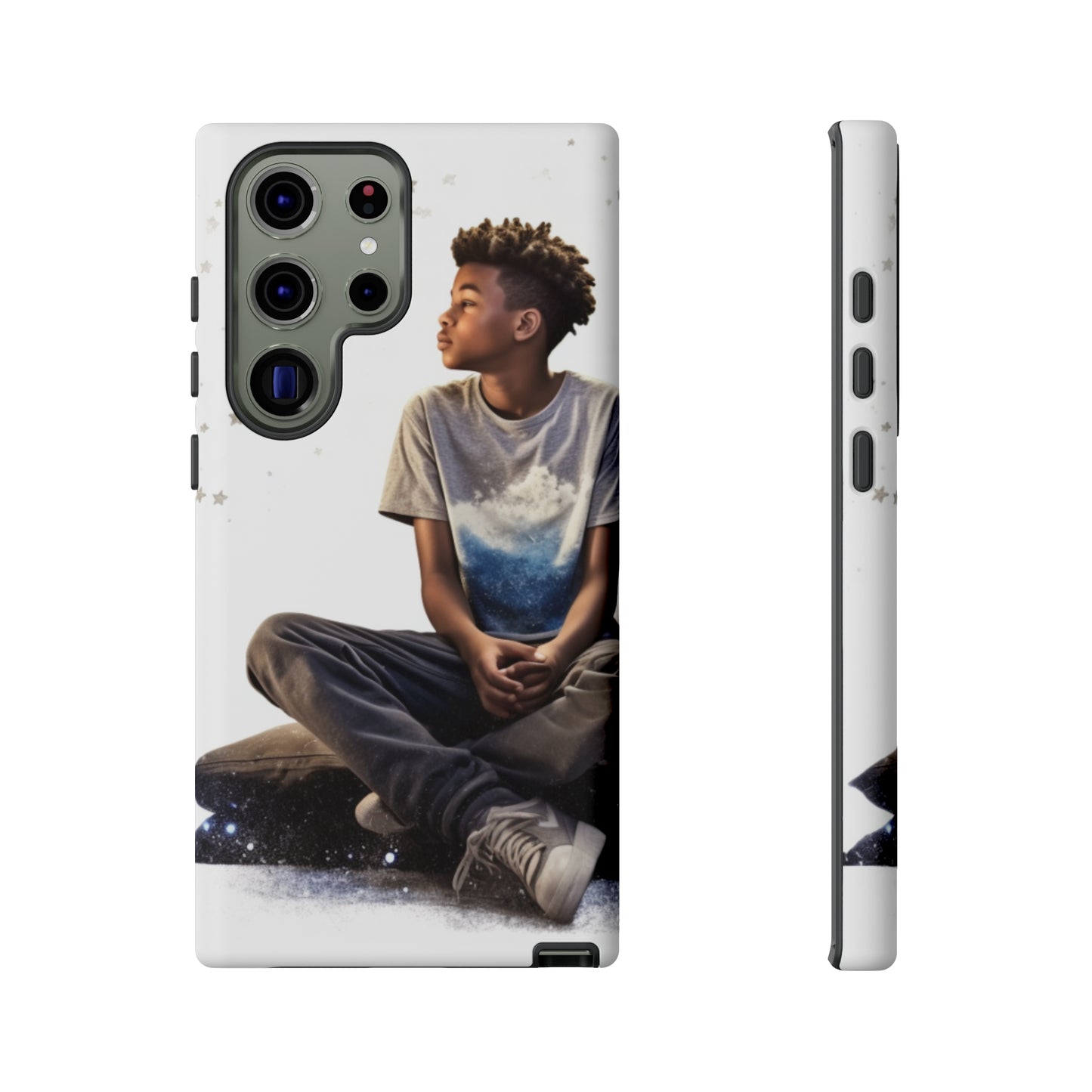 Resilience Inspiring Tough Phone Case - 10-Year-Old Black Boy Gazing at Stars Design