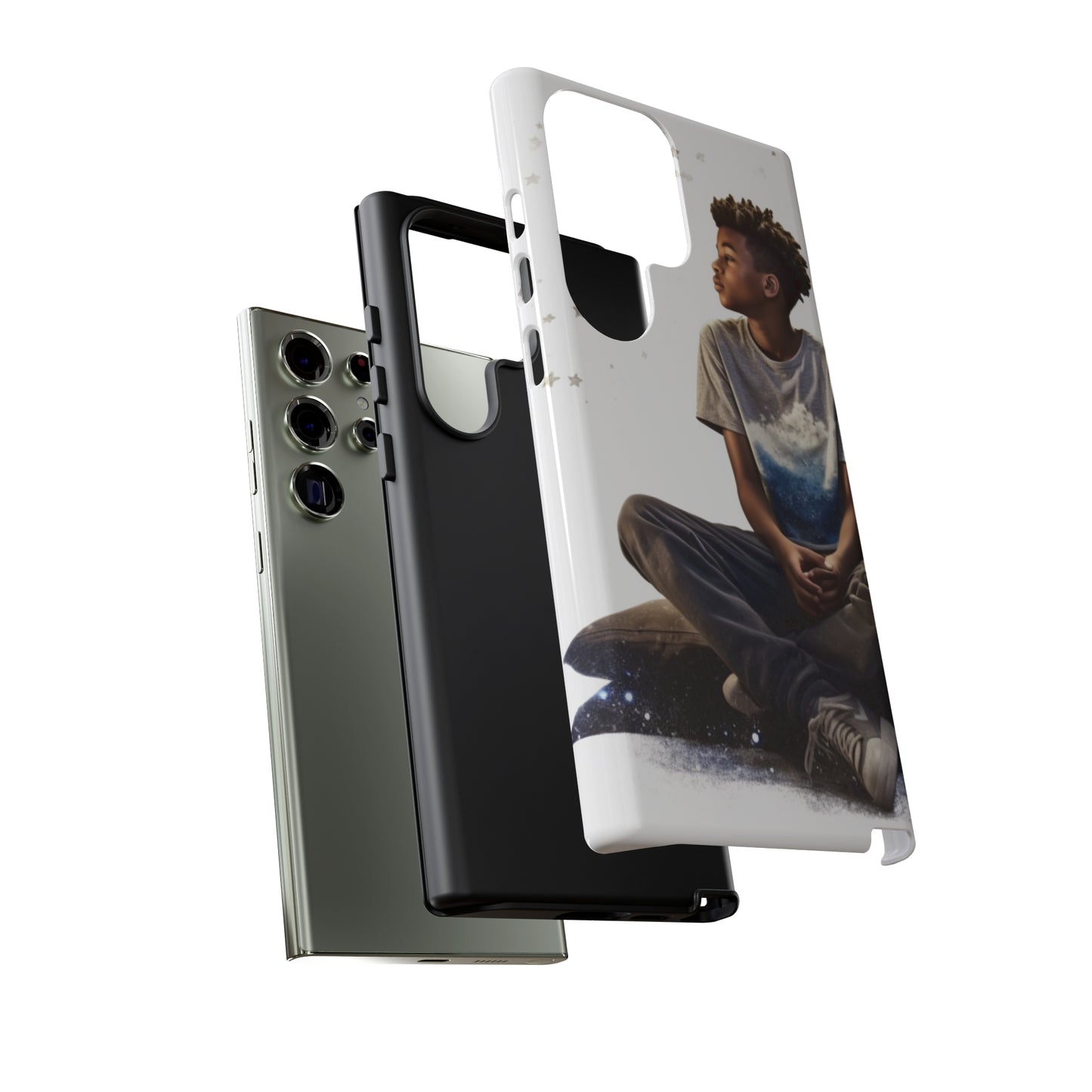 Resilience Inspiring Tough Phone Case - 10-Year-Old Black Boy Gazing at Stars Design