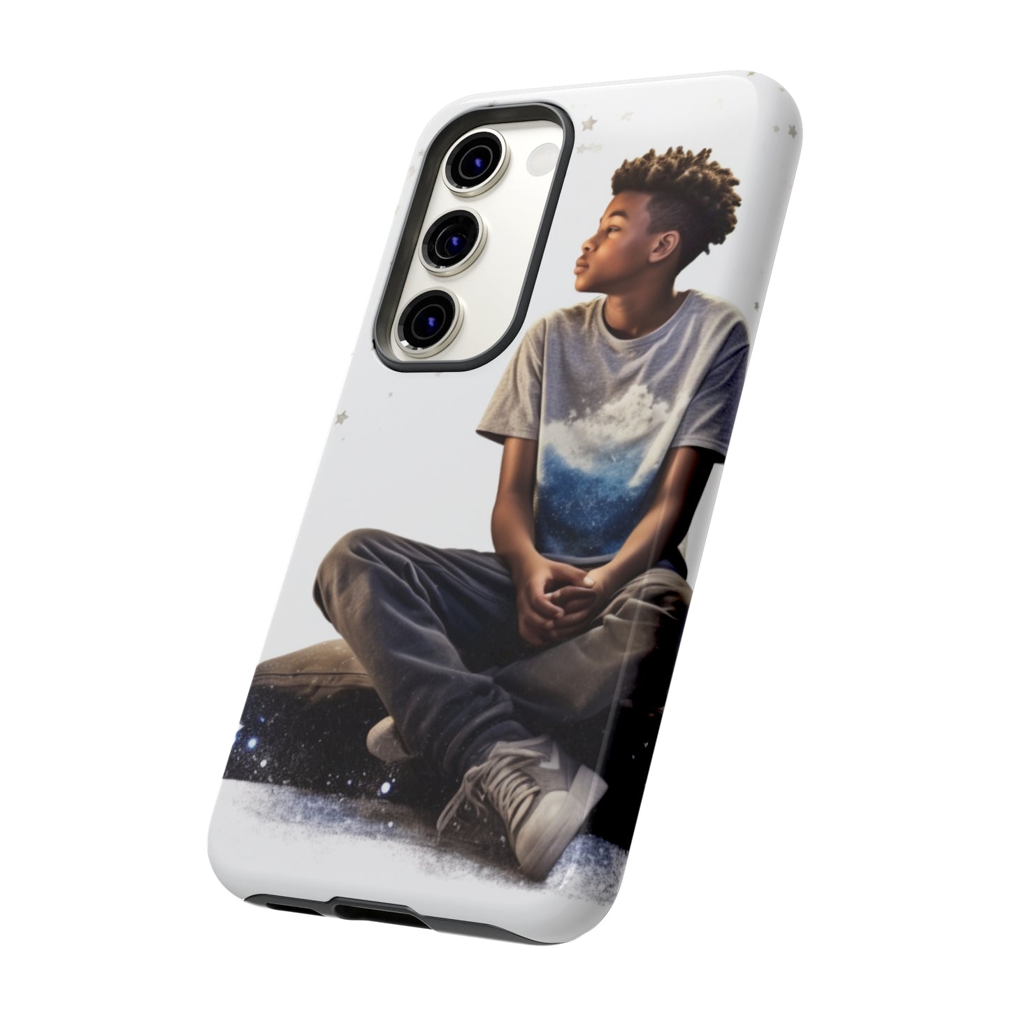 Resilience Inspiring Tough Phone Case - 10-Year-Old Black Boy Gazing at Stars Design