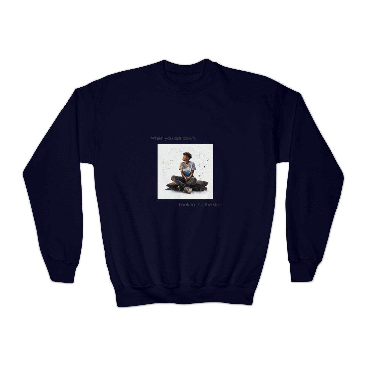 "Even When You're Down, Look to the Stars" Empowering Sweatshirt - 10-Year-Old Black Boy Design