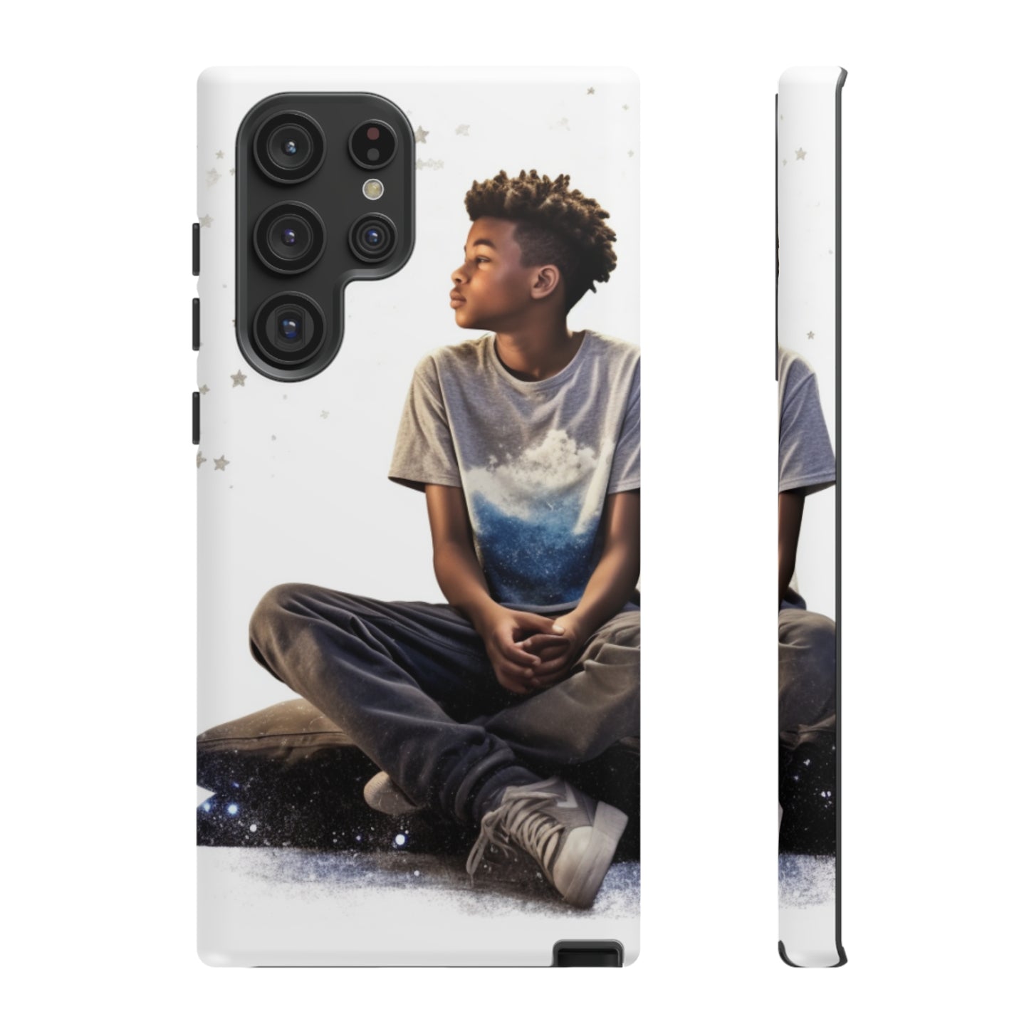 Resilience Inspiring Tough Phone Case - 10-Year-Old Black Boy Gazing at Stars Design