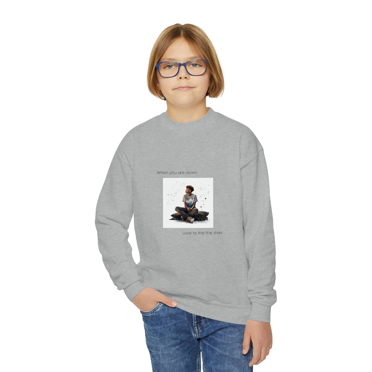 "Even When You're Down, Look to the Stars" Empowering Sweatshirt - 10-Year-Old Black Boy Design