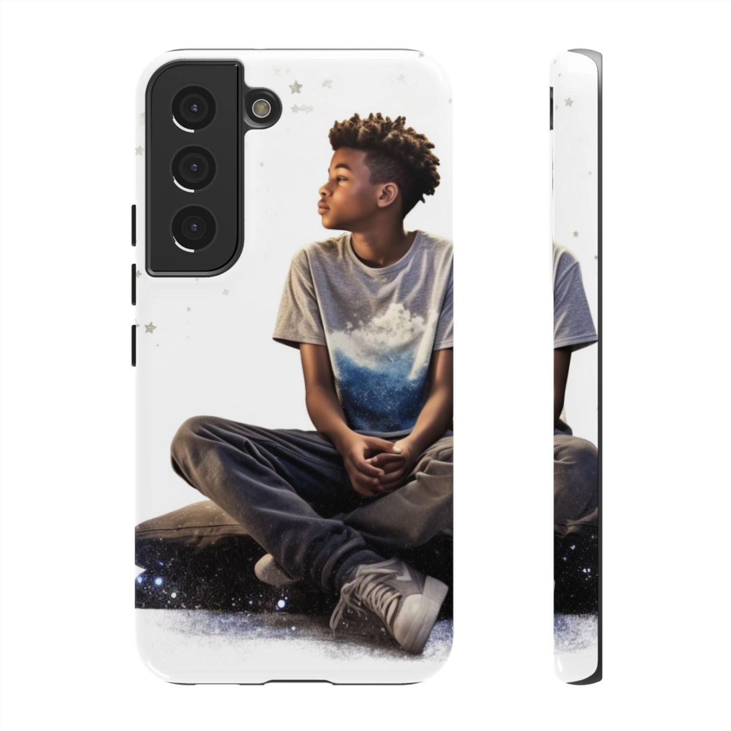 Resilience Inspiring Tough Phone Case - 10-Year-Old Black Boy Gazing at Stars Design