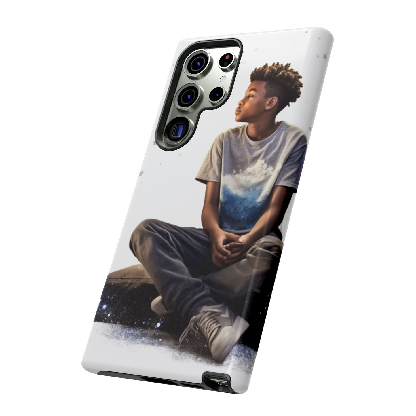 Resilience Inspiring Tough Phone Case - 10-Year-Old Black Boy Gazing at Stars Design