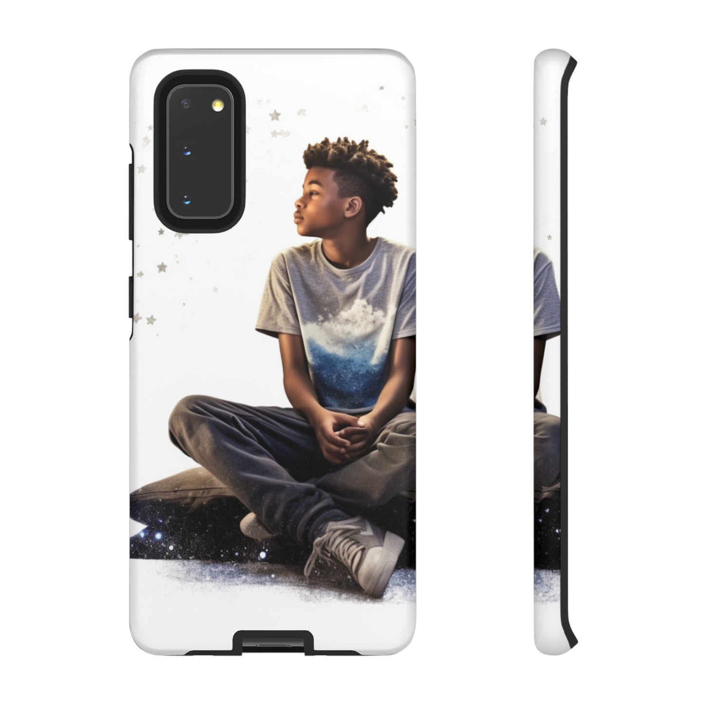 Resilience Inspiring Tough Phone Case - 10-Year-Old Black Boy Gazing at Stars Design