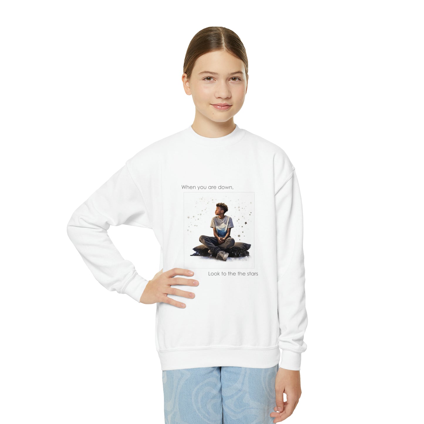 "Even When You're Down, Look to the Stars" Empowering Sweatshirt - 10-Year-Old Black Boy Design