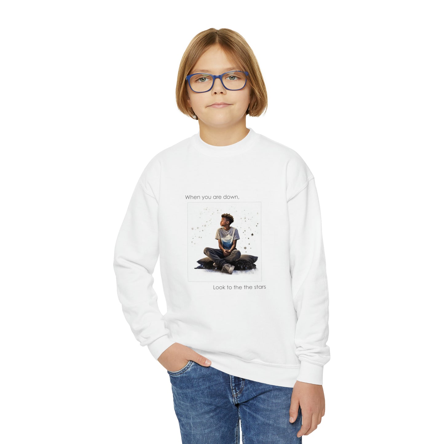 "Even When You're Down, Look to the Stars" Empowering Sweatshirt - 10-Year-Old Black Boy Design