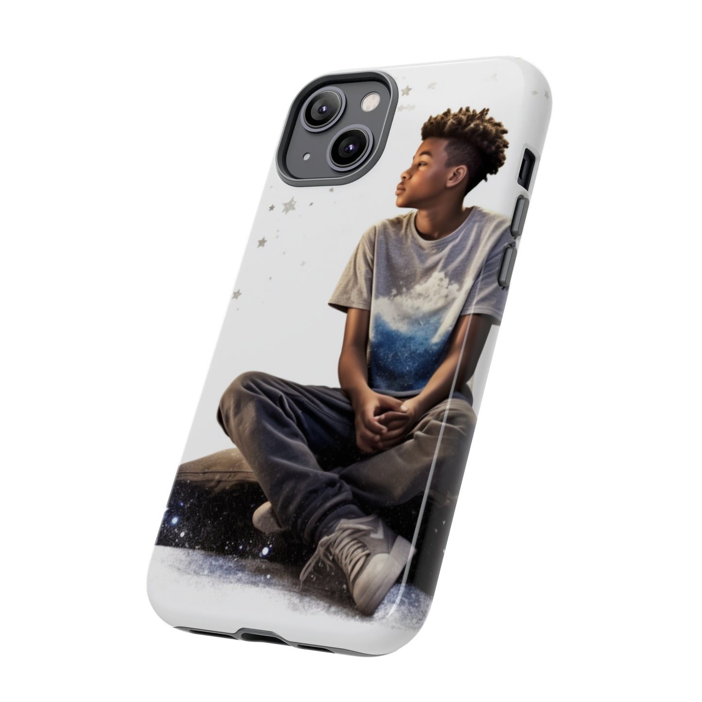 Resilience Inspiring Tough Phone Case - 10-Year-Old Black Boy Gazing at Stars Design