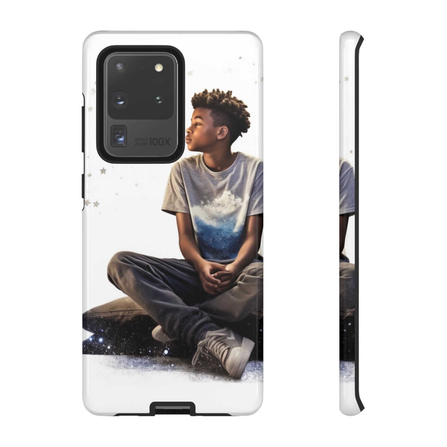 Resilience Inspiring Tough Phone Case - 10-Year-Old Black Boy Gazing at Stars Design