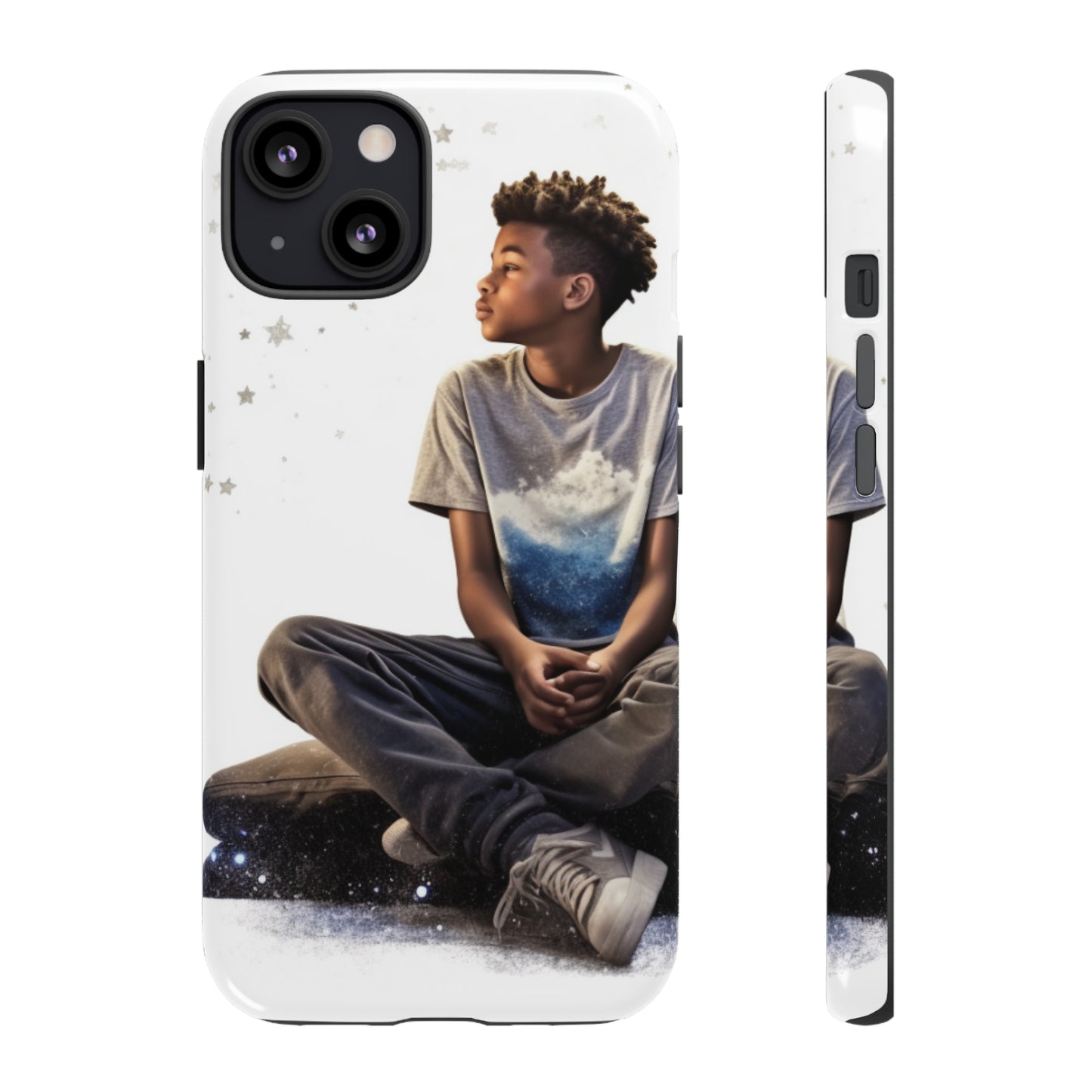 Resilience Inspiring Tough Phone Case - 10-Year-Old Black Boy Gazing at Stars Design