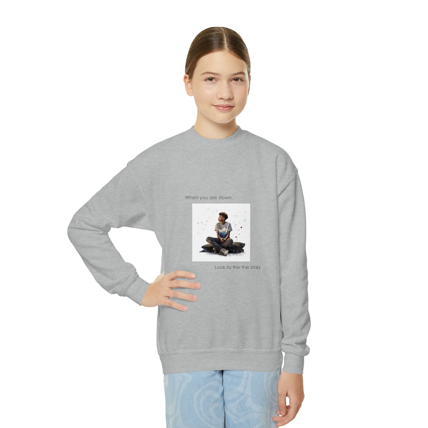 "Even When You're Down, Look to the Stars" Empowering Sweatshirt - 10-Year-Old Black Boy Design