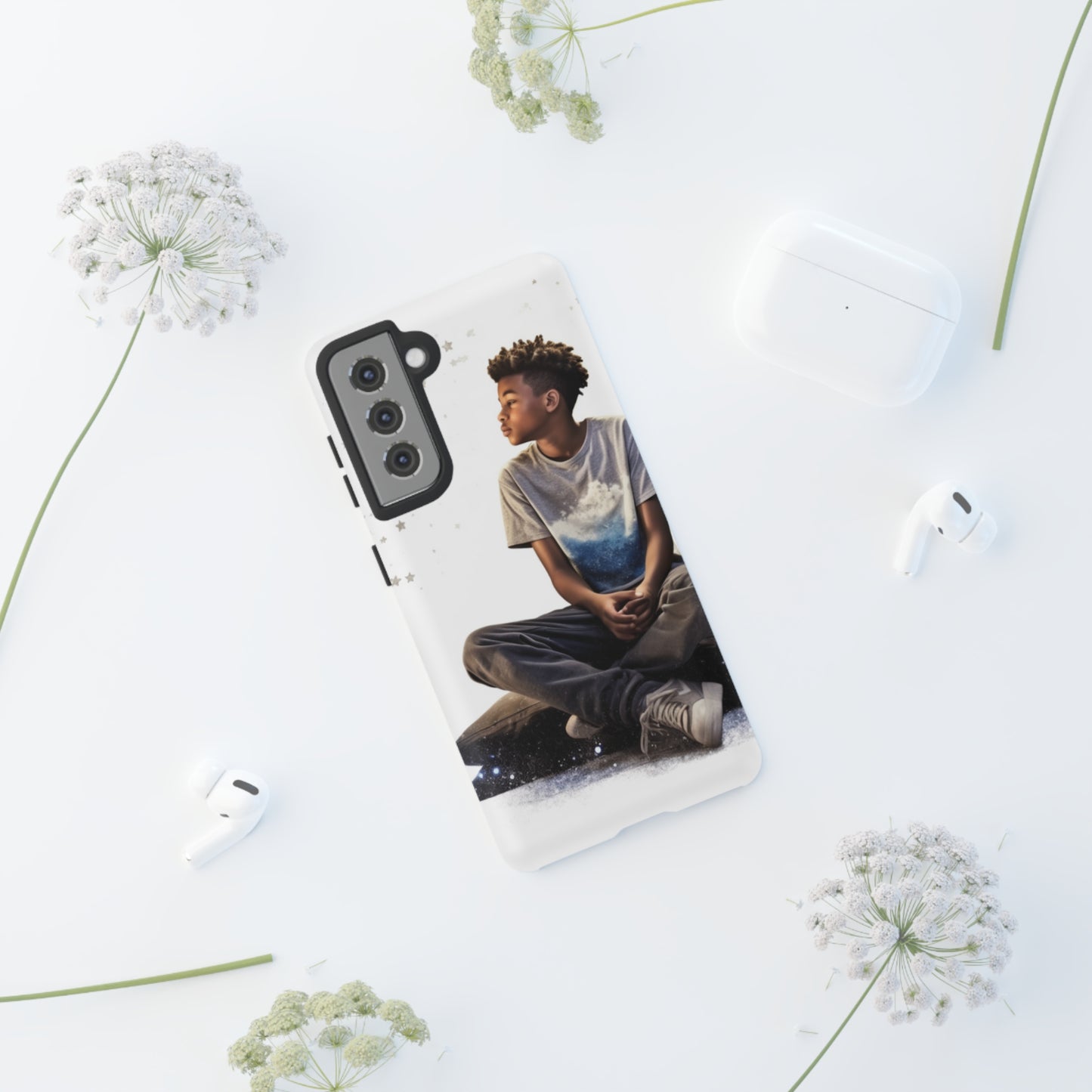 Resilience Inspiring Tough Phone Case - 10-Year-Old Black Boy Gazing at Stars Design