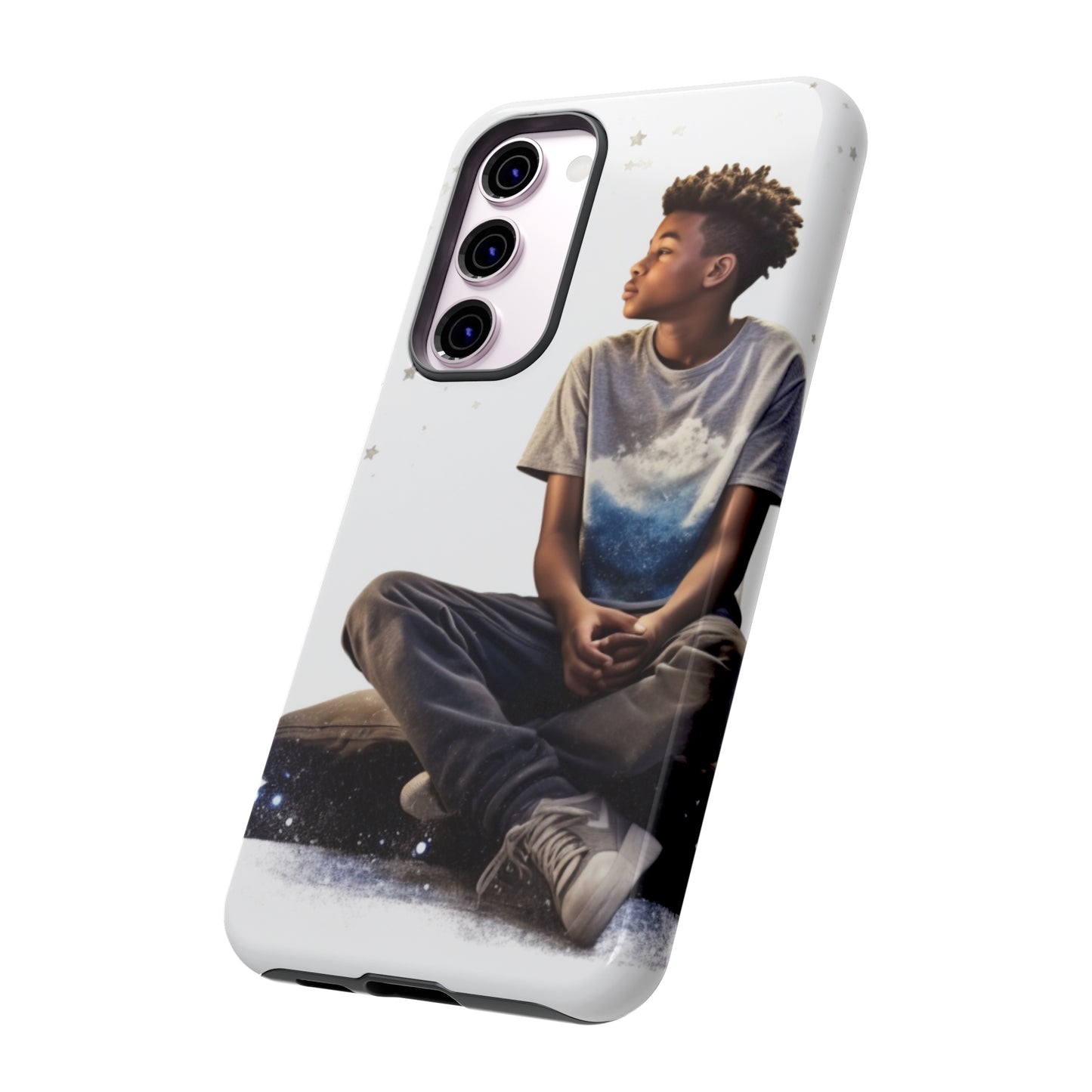 Resilience Inspiring Tough Phone Case - 10-Year-Old Black Boy Gazing at Stars Design