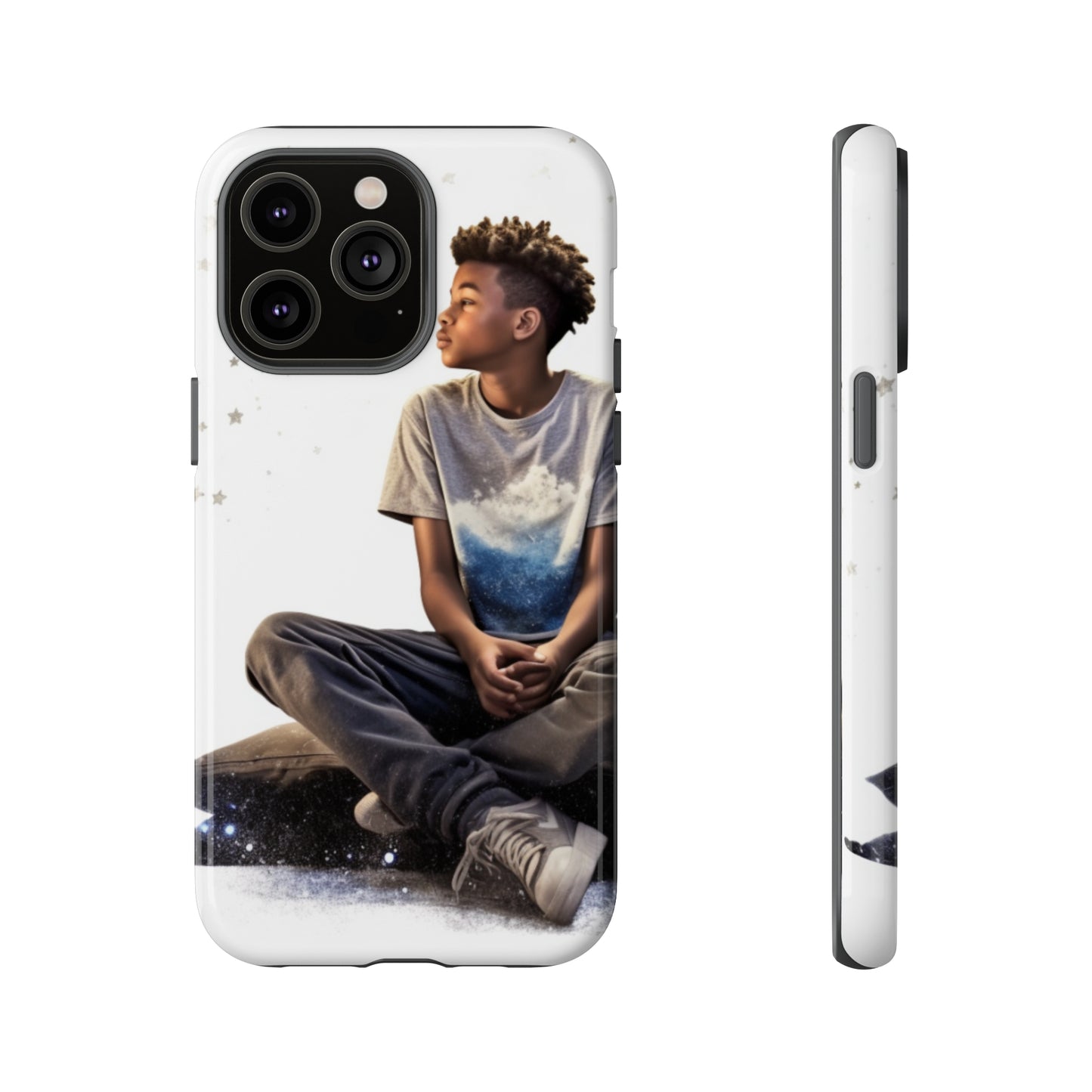 Resilience Inspiring Tough Phone Case - 10-Year-Old Black Boy Gazing at Stars Design