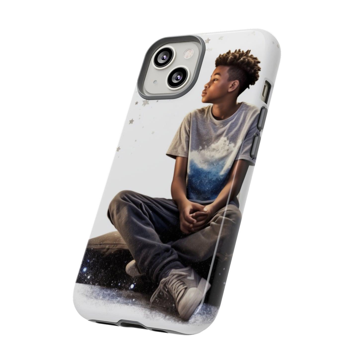 Resilience Inspiring Tough Phone Case - 10-Year-Old Black Boy Gazing at Stars Design