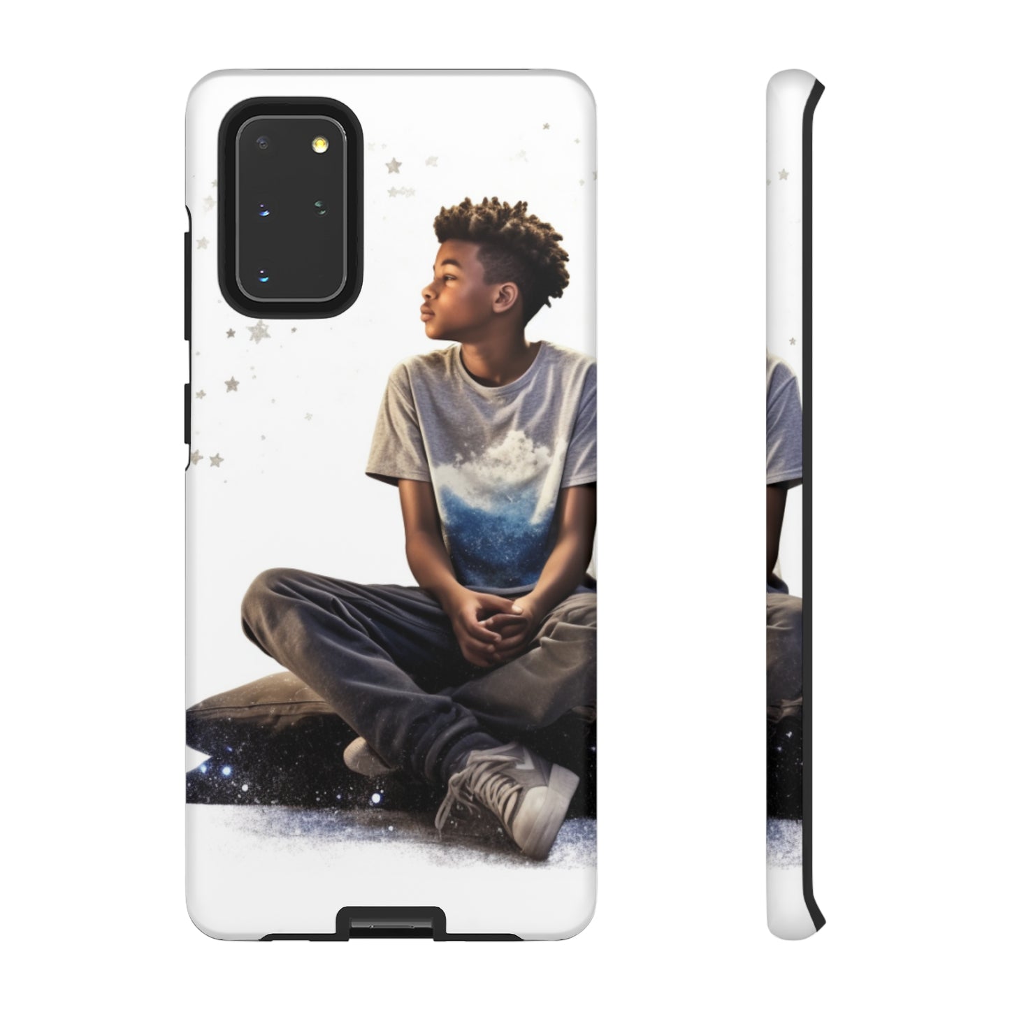 Resilience Inspiring Tough Phone Case - 10-Year-Old Black Boy Gazing at Stars Design