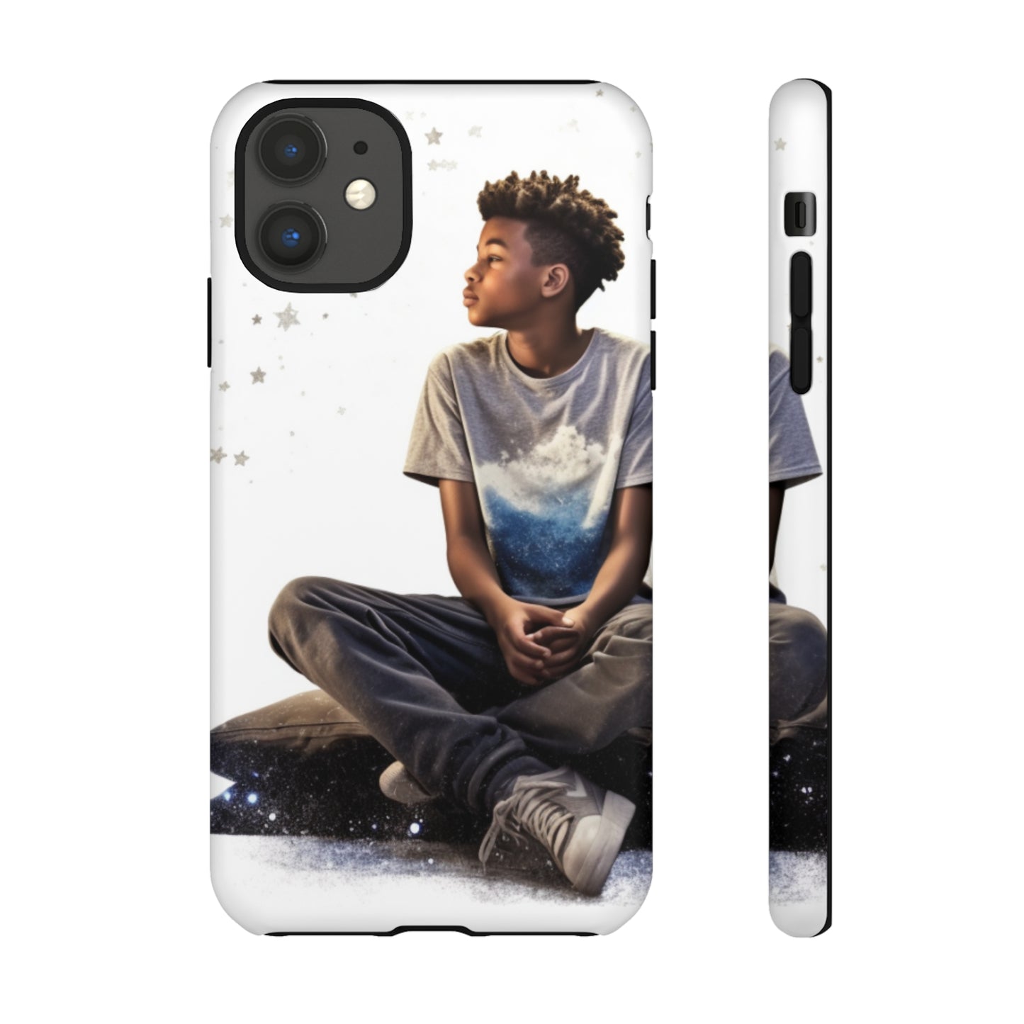 Resilience Inspiring Tough Phone Case - 10-Year-Old Black Boy Gazing at Stars Design