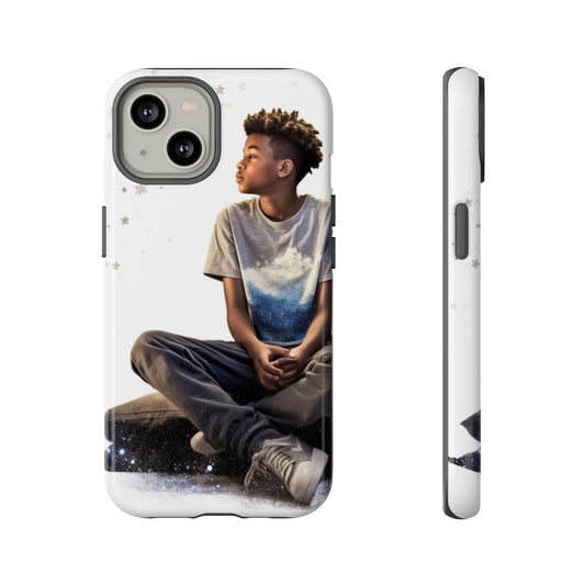 Resilience Inspiring Tough Phone Case - 10-Year-Old Black Boy Gazing at Stars Design