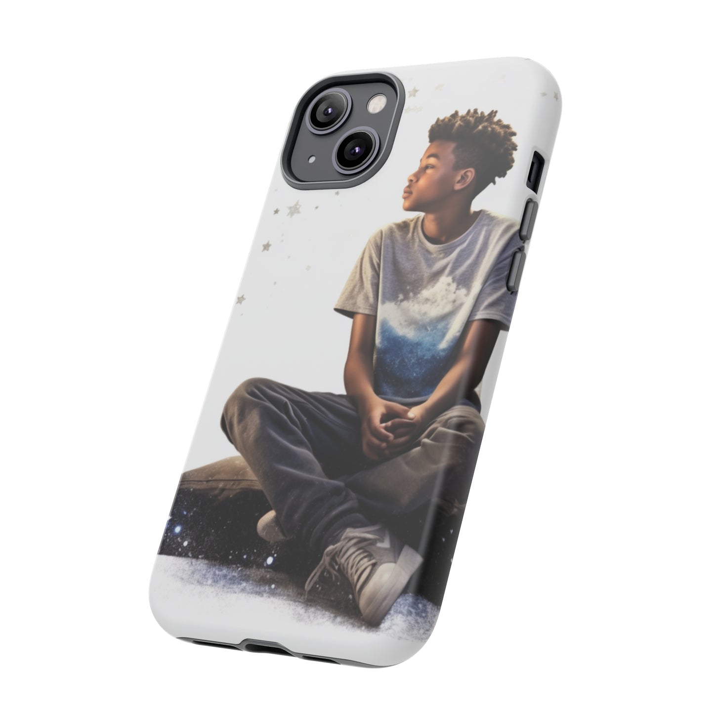 Resilience Inspiring Tough Phone Case - 10-Year-Old Black Boy Gazing at Stars Design