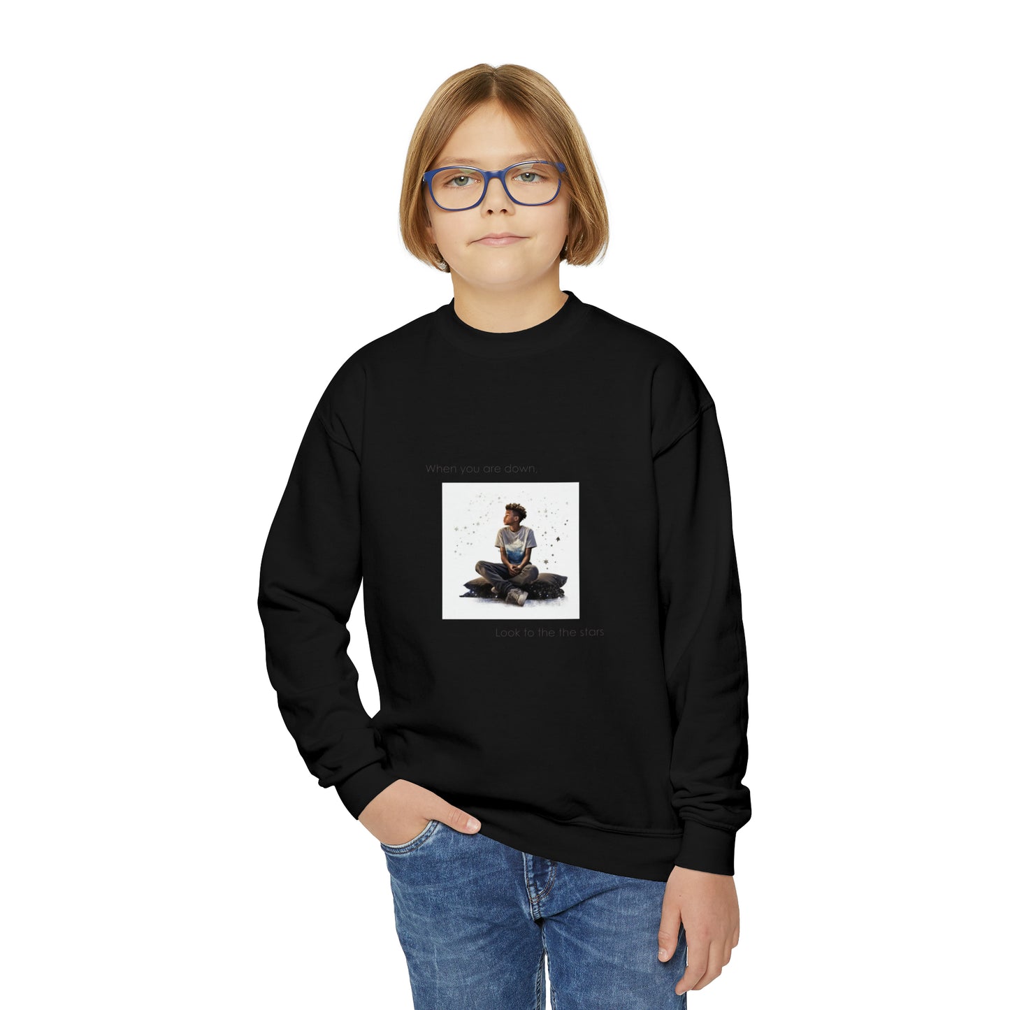 "Even When You're Down, Look to the Stars" Empowering Sweatshirt - 10-Year-Old Black Boy Design