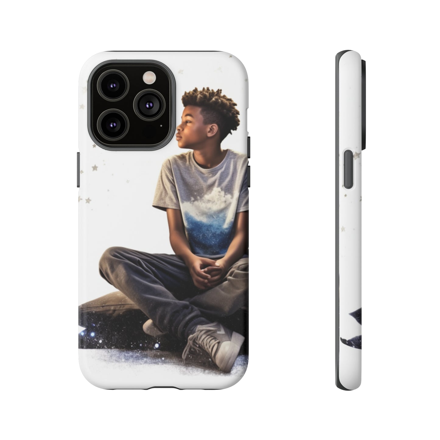 Resilience Inspiring Tough Phone Case - 10-Year-Old Black Boy Gazing at Stars Design