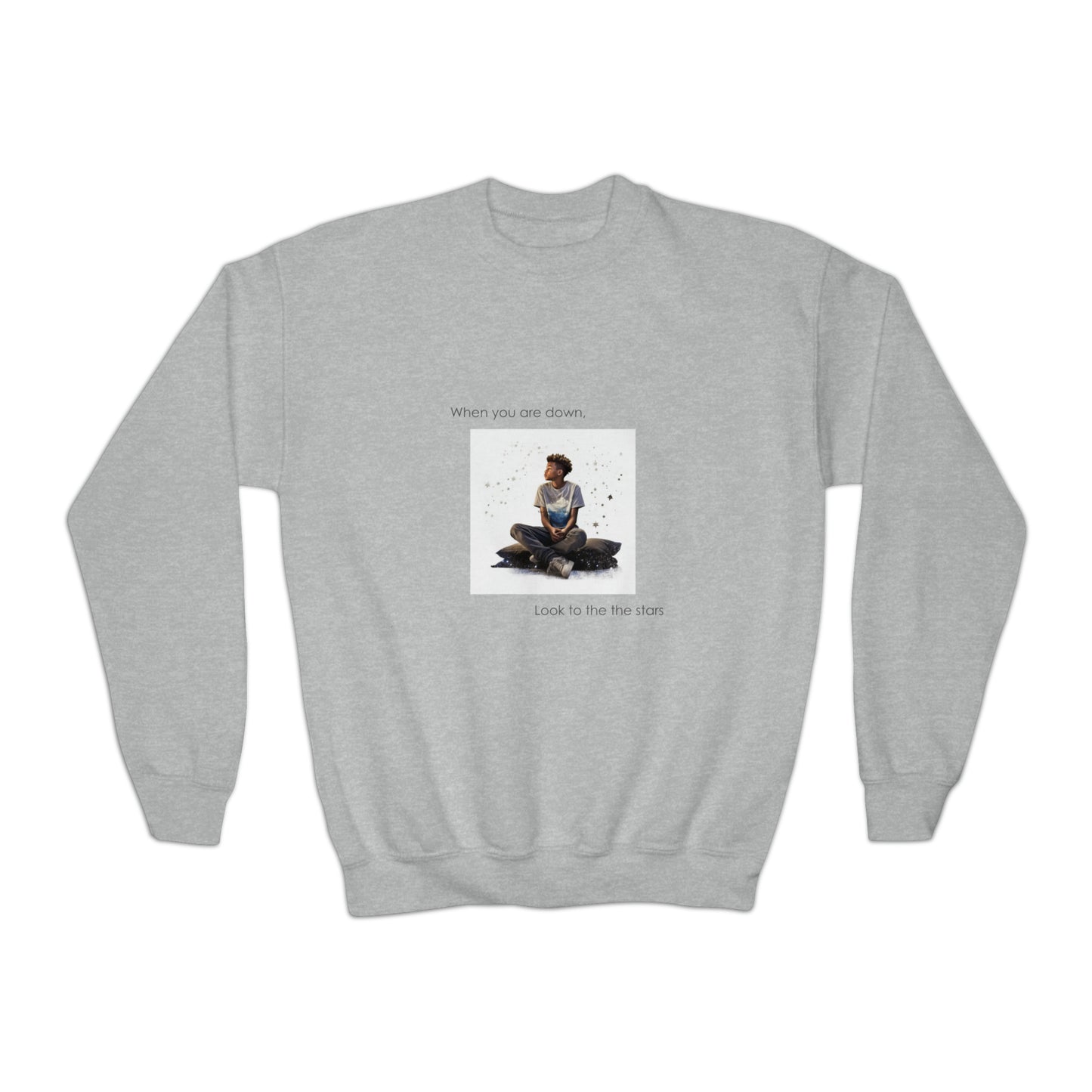 "Even When You're Down, Look to the Stars" Empowering Sweatshirt - 10-Year-Old Black Boy Design