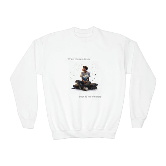"Even When You're Down, Look to the Stars" Empowering Sweatshirt - 10-Year-Old Black Boy Design