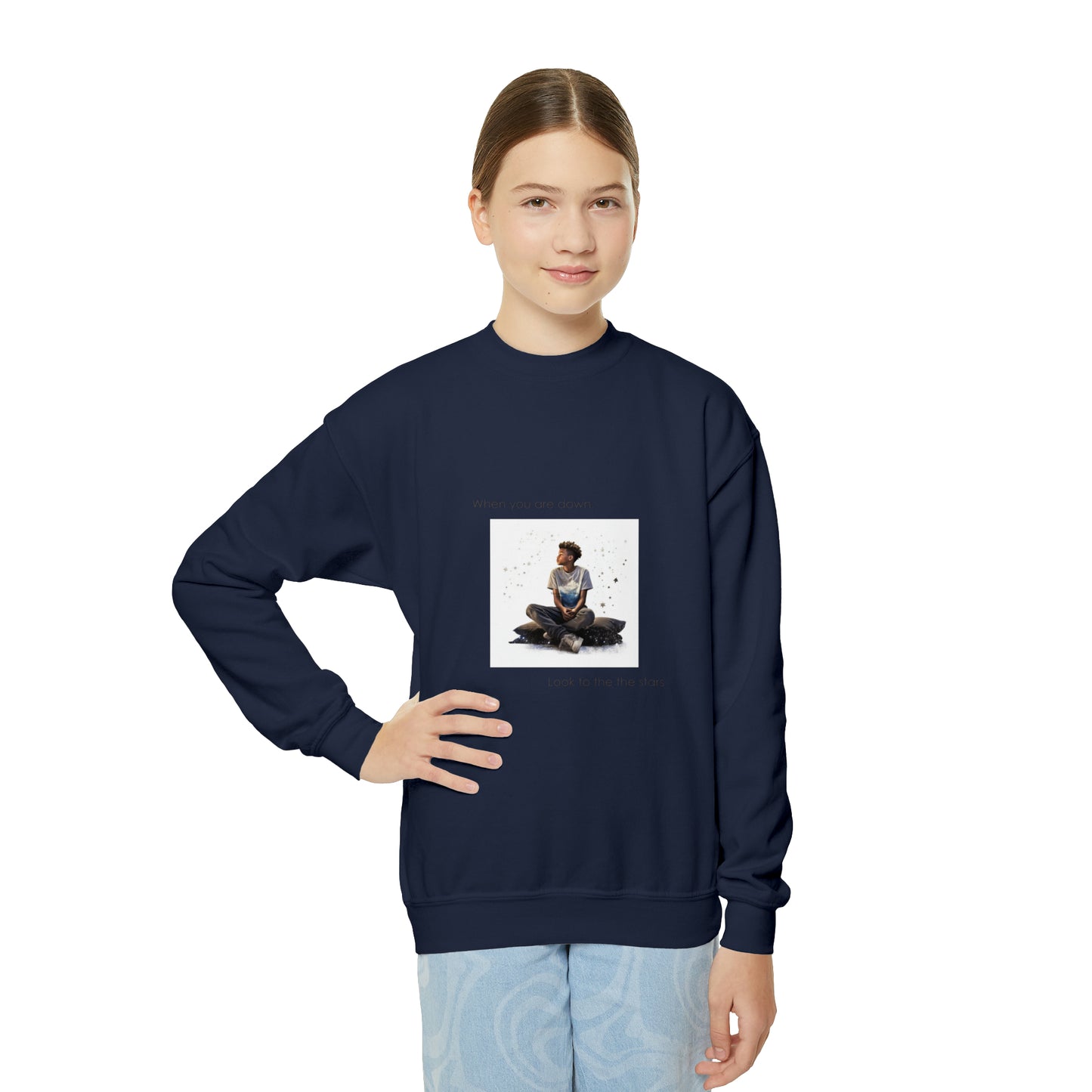 "Even When You're Down, Look to the Stars" Empowering Sweatshirt - 10-Year-Old Black Boy Design