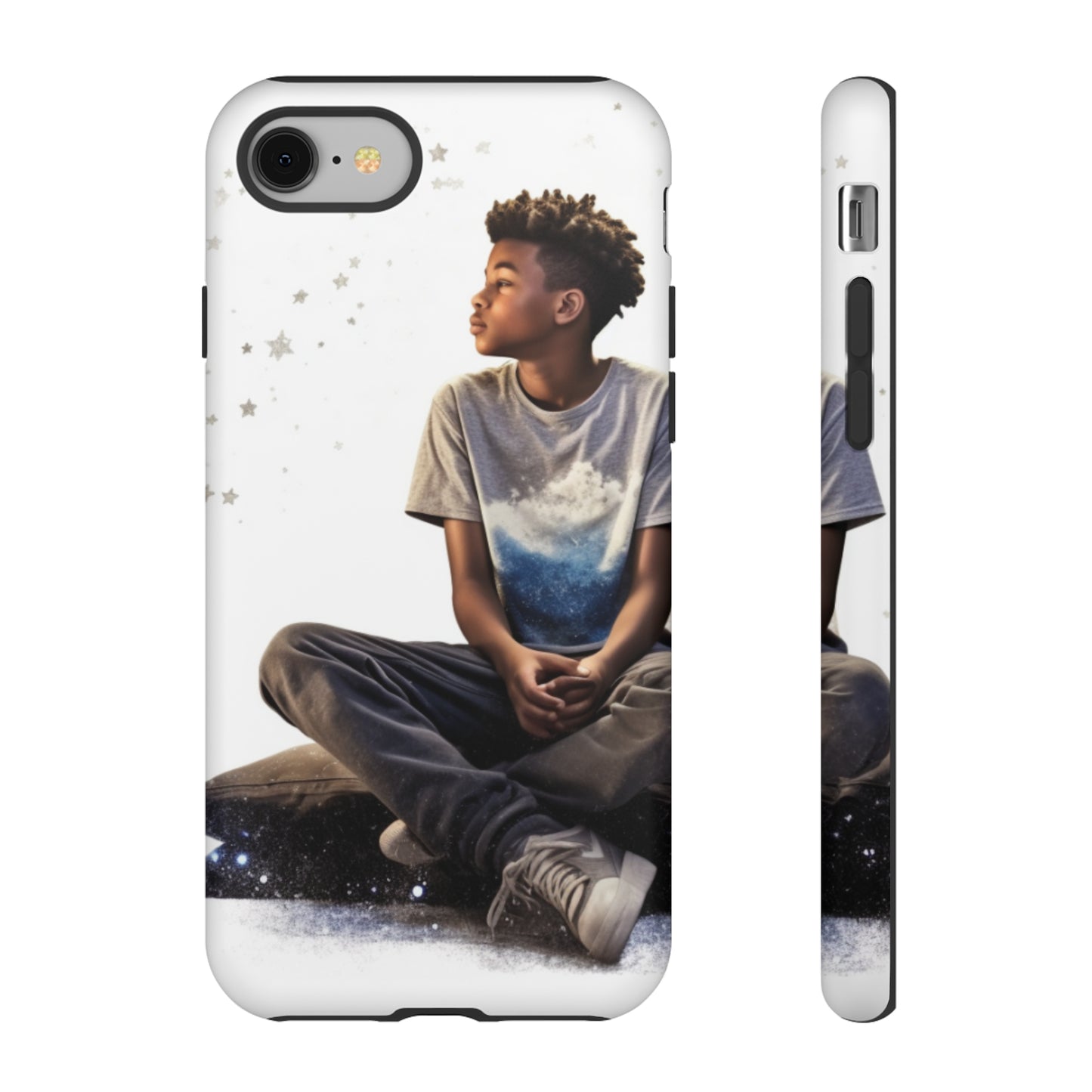 Resilience Inspiring Tough Phone Case - 10-Year-Old Black Boy Gazing at Stars Design