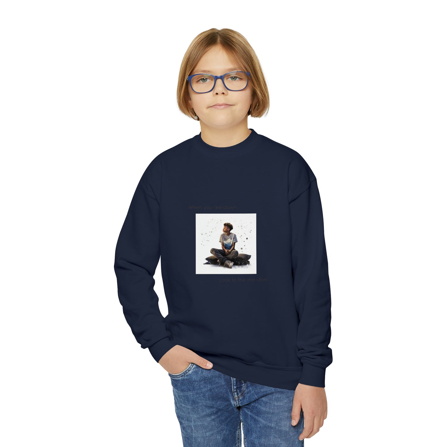 "Even When You're Down, Look to the Stars" Empowering Sweatshirt - 10-Year-Old Black Boy Design