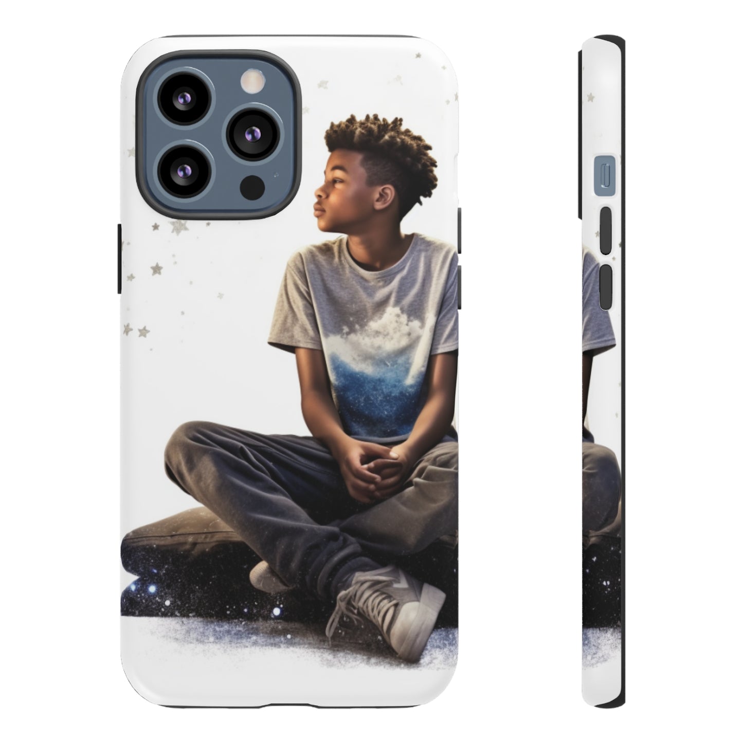 Resilience Inspiring Tough Phone Case - 10-Year-Old Black Boy Gazing at Stars Design