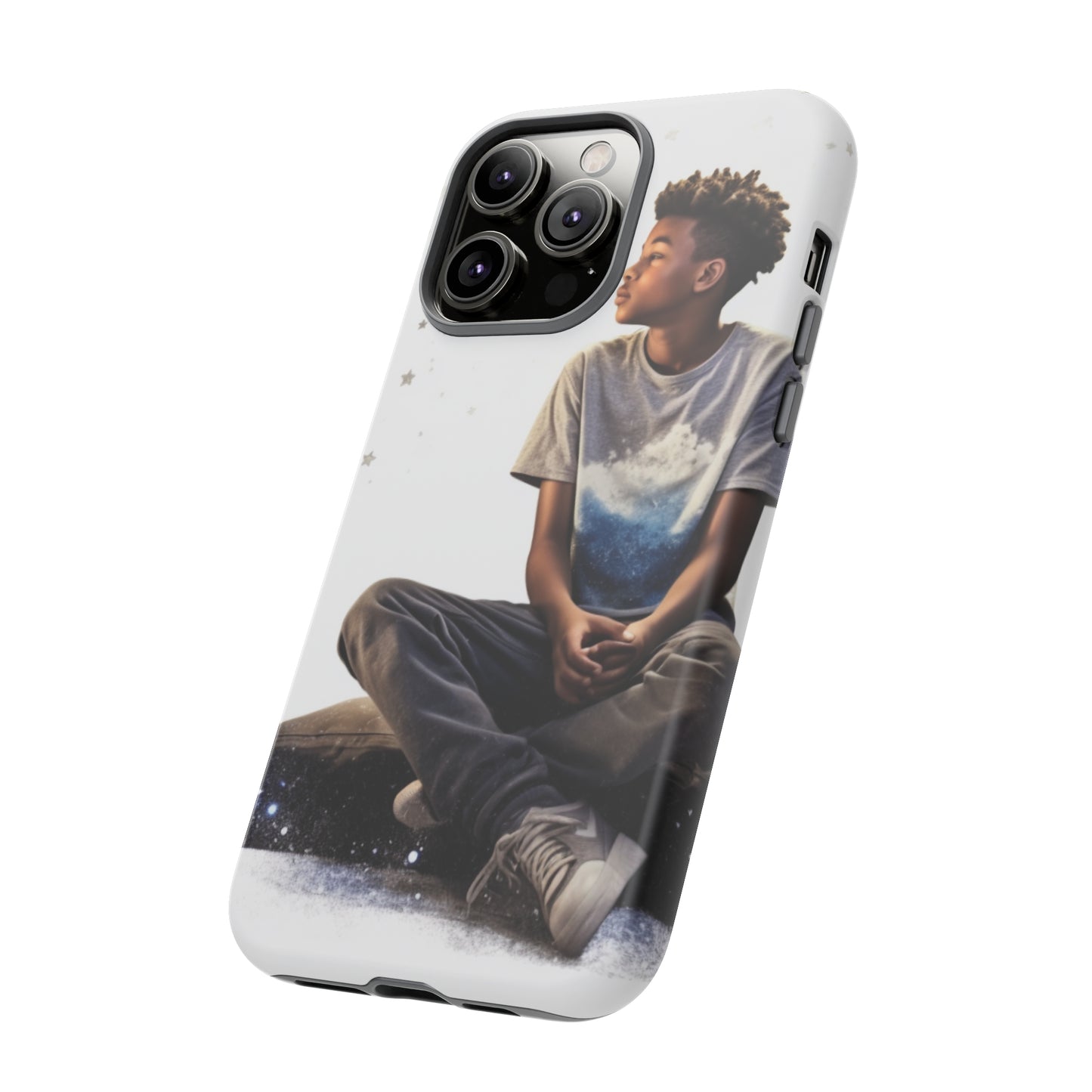 Resilience Inspiring Tough Phone Case - 10-Year-Old Black Boy Gazing at Stars Design