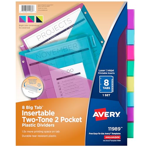 AVERY Big Tab Insertable Pocket Dividers, 8 Multicolor Dividers with Pockets - Tear-Resistant Plastic, Extra Storage Space